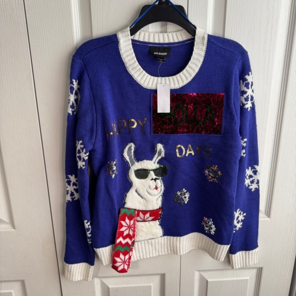 Joe Boxer‎ Happy Holla Days Llama Sequins Ugly Christmas Sweater Jrs Size M NEW